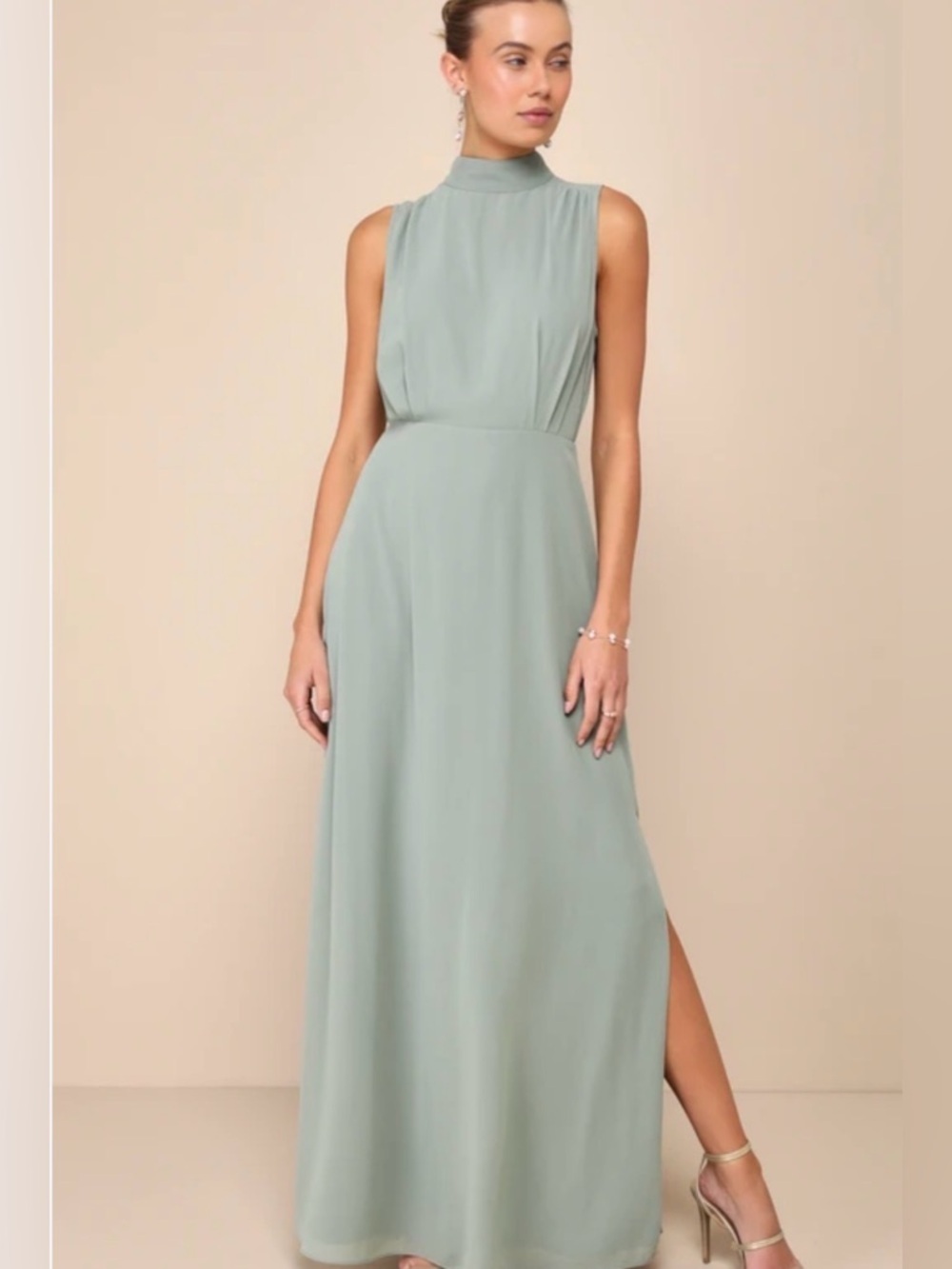 Lulus Classic Elegance Sage Chiffon Sleeveless Mock Neck Maxi Dress Small